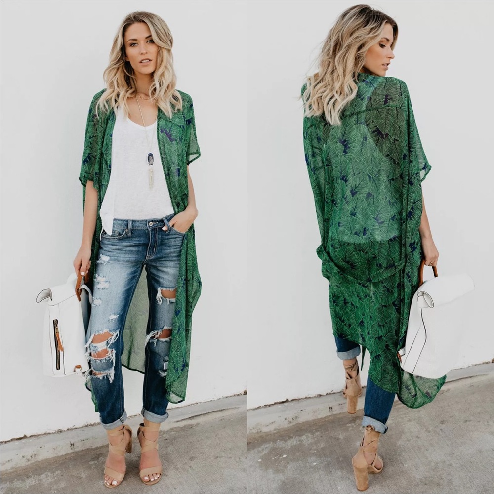 Boho chiffon Long wrap Green blue cover up top - Picture 3 of 4